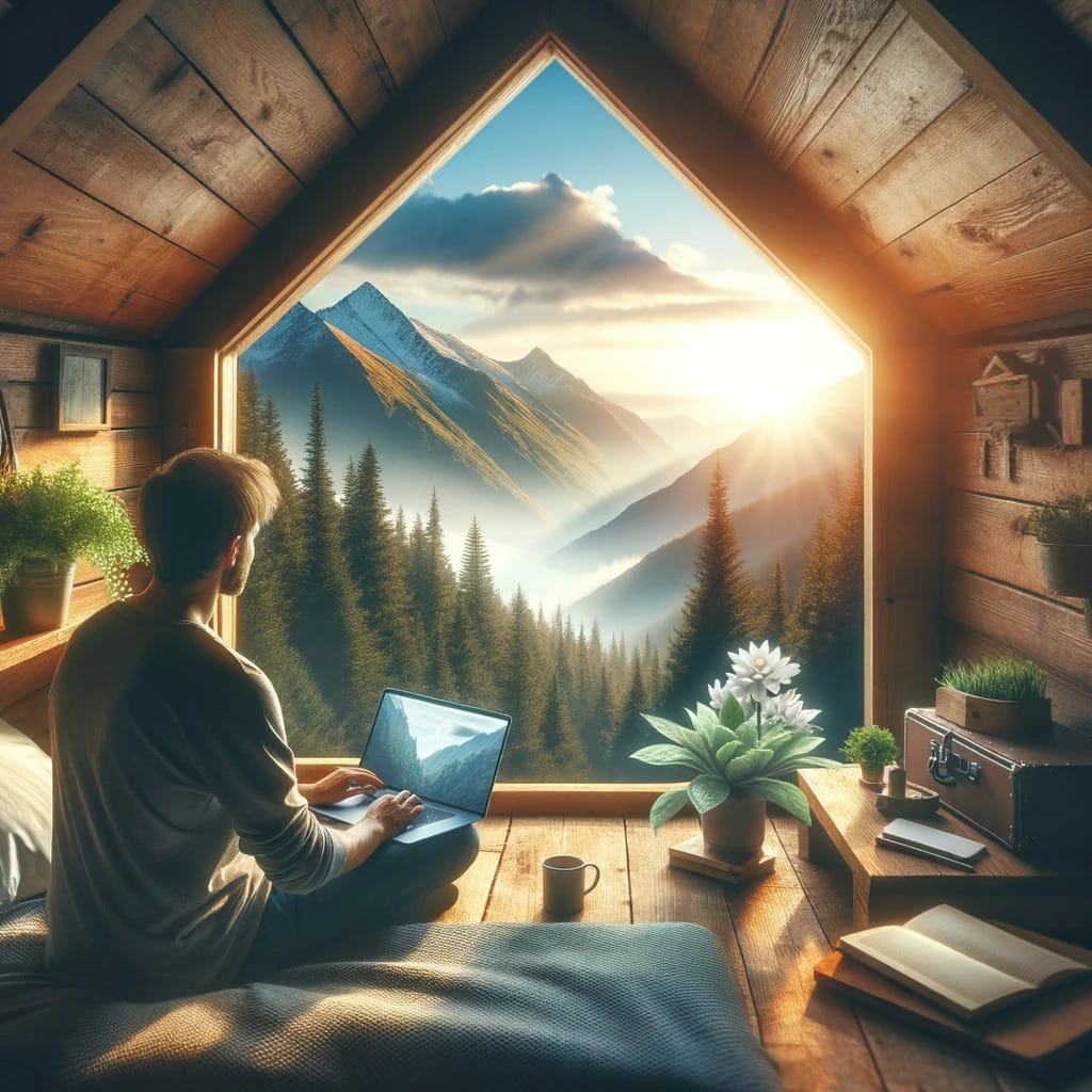 Embracing the Four-Day Work Week: Balancing Productivity and Well-being 4 DALL·E 2023 11 23 16.42.58 A serene image of a remote worker in a mountain cabin working on a laptop with a stunning nature view in the background. The image captures the essen