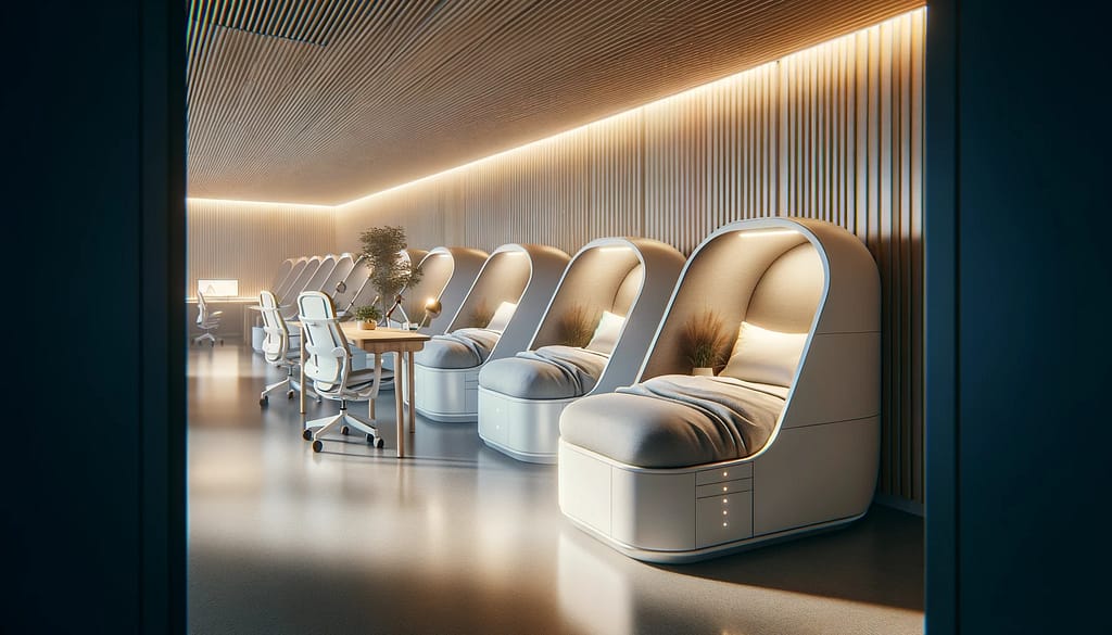 How to Boost Productivity & Prevent Burnout in Remote Work 2 DALL·E 2023 11 18 22.03.28 A modern and minimalist co working space with individual nap pods reflecting Googles approach to boosting productivity. The image shows a well lit