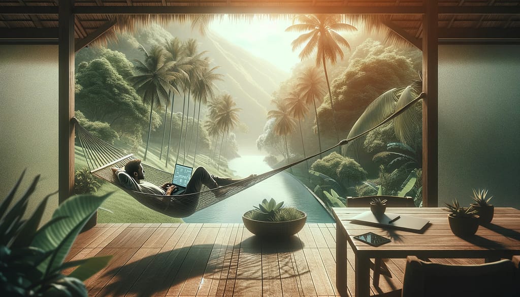 DALL·E 2023 11 18 22.03.32 A digital nomad taking a break from work relaxing in a serene natural setting. The image shows the nomad in a comfortable outdoor relaxation area p