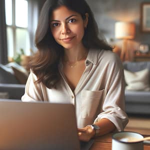 Embracing the Four-Day Work Week: Balancing Productivity and Well-being 2 DALL·E 2023 11 23 16.52.50 A Hispanic female remote worker using a laptop in a cozy home environment looking relaxed and focused. The image portrays the balance between persona